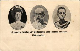 1908 A spanyol királyi pár Budapesten való időzése emlékére: Ferenc József, XIII. Alfonz, Viktória Eugénia / Spanish royal couples visit, Alfonso XIII of Spain and Victoria Eugenie of Battenberg, Franz Joseph I of Austria (apró szakadás / tiny tear)