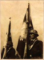 1938 Német katonák horogkeresztes zászlókkal / WWII German NSDAP Nazi military, soldiers. photo + So. Stpl. (felületi sérülés / surface damage)