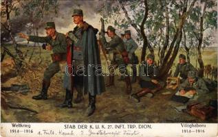 1916 Stab der K.u.k. 27. Inft. Trp. Dion. Weltkrieg 1914-1916. Farben-Klischee A. Krampolek. Verlag K.u.k. Kmdo. der 27. Inf. Trp. Dion. / A tiszta jövedelem a Kárpátokban elpusztított falvak újjáépítésére és a második hadsereg legénységi özvegyei és árvái alapítványra fordíttatik / WWI Austro-Hungarian military art postcard s: Hans Larwin (EK)