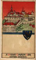 Budapest I. A budai királyi vár Mátyás idejében. Geittner és Rausch kiadása. Art Nouveau litho (EK)