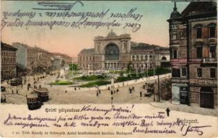 1905 Budapest VII. Keleti pályaudvar, Baross szobor, villamosok, Láng Jakab és fia fiókja kerékpár és varrógép raktára, üzletek. Tóth Károly és Schwartz Antal kiadása (EK)