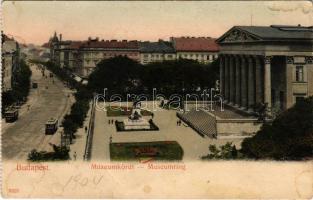 Budapest VIII. Múzeum körút, Nemzeti Múzeum, villamosok, képeslapfüzetből. Taussig Arthur 5325. (gyűrődések / creases)