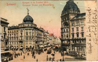 1905 Budapest VIII. Kerepesi út és Erzsébet körút (Blaha Lujza tér), villamosok, Zálogkölcsön Intézet, Drogéria, Takarékpénztár. Taussig Arthur kiadása (szakadás / tear)