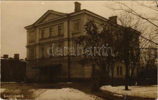 1915 Brest, Brest-Litowsk; WWI German military, White Palace with soldier in winter. H. Vogel photo ...