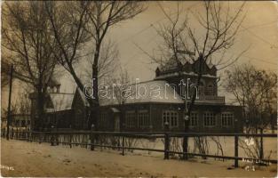 1915 Brest, Brest-Litowsk; WWI German military, Summer Casino in winter. H. Vogel photo (worn corner...
