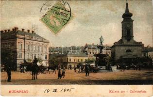 1905 Budapest VIII. Kálvin tér, református templom, szökőkút, villamos, magkereskedés, üzlet. TCV card (EB)