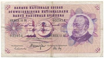 Svájc 1967. 10Fr "51H 032954" T:F Switzerland 1967. 10 Francs "51H 032954" C:F Krause P#45m.43