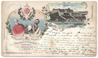 1898 Budapest, I. Ferencz József és II. Vilmos Őfelségeiknek Budapesten való tartózkodásuk emlékéül 1897. év szeptemberében, Királyi vár, címer. Schwidernoch Károly műintézete. Art Nouveau, floral, litho (szakadások / tears)