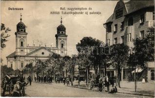 Debrecen, református nagytemplom és Alföldi Takarékpénztár új palotája + "KŐRÖSMEZŐ - BUDAPEST 299. SZ." vasúti mozgóposta bélyegző (fl)