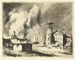 Szőnyi István (1894-1960): Külváros. Rézkarc, papír, jelzés nélkül, hátoldalán Palota Galéria bélyegzőjével, 16,5×21 cm