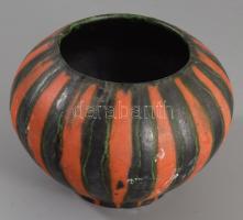 Jelzés nélkül: Retro csaíkos váza, mázas kerámia, kézzel festett, jelzett, hibátlan d: 15 cm, m: 12 cm