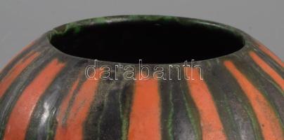 Jelzés nélkül: Retro csaíkos váza, mázas kerámia, kézzel festett, jelzett, hibátlan d: 15 cm, m: 12 ...
