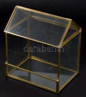 Ház alakú kis réz keretes üveg tároló doboz 16x17 cm