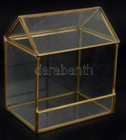 Ház alakú kis réz keretes üveg tároló doboz 16x17 cm