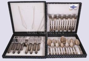 Ezüst (Ag) 6 személyes, 43 részes evőeszköz készlet. Pest, 1872-1937 közötti fémjel, 800 ezrelékes ezüst, KM mesterjegy. 6 darab teás kanál nettó 175g - 6 darab evőkanál nettó 447g - szervírozókanál nettó 100g - 6 darab süteményes villa nettó 276g - 6 darab villa nettó 457g - 6 darab kávéskanál nettó 95g - 6 darab süteményes kés bruttó 356g - 6 darab kés bruttó 677g. Összesen nettó 1550g + ezüst nyelű kések bruttó 1033g  ///  Silver (Ag) 6-person, 43-piece cutlery set. Pest assay mark dating between 1872-1937, 800% silver, KM maker's mark. 6 teaspoons net 175 g, 6 tablespoons net 447 g, 1 serving spoon net 100 g, 6 dessert forks net 276 g, 6 forks net 457 g, 6 coffee spoons net 95 g, 6 dessert knives gross 356 g, 6 knives gross 677 g. Total net 1550 g plus silver-handled knives gross 1033 g.