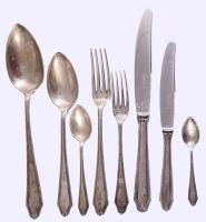 Ezüst (Ag) 6 személyes, 43 részes evőeszköz készlet. Pest, 1872-1937 közötti fémjel, 800 ezrelékes e...
