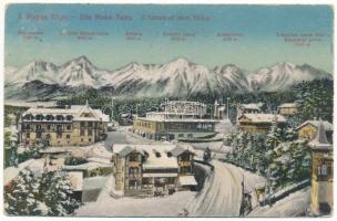 1918 Ótátrafüred, Ó-Tátrafüred, Alt-Schmecks, Stary Smokovec (Magas-Tátra, Vysoké Tatry); kávéház, Kertész Tódor üzlete télen / cafe and shop in winter (kopott sarkak / worn corners)