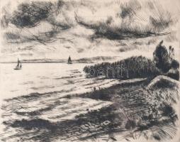 Iván Szilárd (1912-1988): Balaton. Rézkarc, papír, jelzett, 30x39 cm. Lapszéli ázásnyommal. Üvegezett fakeretben.