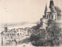 Varga Nándor Lajos (1895-1978): Reggel a Halászbástyán. Rézkarc, papír, jelzett, 29,5x39,5 cm. Lapszéli ázásnyomokkal. Üvegezett fakeretben.