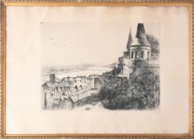 Varga Nándor Lajos (1895-1978): Reggel a Halászbástyán. Rézkarc, papír, jelzett, 29,5x39,5 cm. Lapsz...