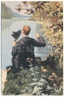 Úriember a folyóparton fényképezőgéppel / gentleman with photo camera art postcard (fl)