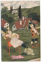 Fiatal pár a mezőn / love couple art postcard (fl)