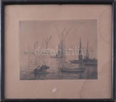 Olvashatatlan jelzéssel: Vitorlások. Rézkarc, papír, jelzett, ázásnyomokkal, üvegezett fakeretben. 14×18 cm