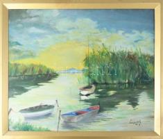 Magistrák Károly (-): Balatonpart, 1987. Olaj, vászon, jelzett. Dekoratív fakeretben. 60×70 cm
