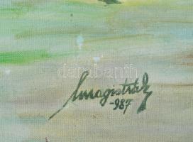 Magistrák Károly (-): Balatonpart, 1987. Olaj, vászon, jelzett. Dekoratív fakeretben. 60×70 cm