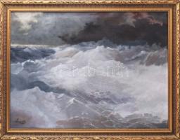 Magistrák Károly (-): Viharos Balaton, 1980. Olaj, vászon, jelzett. Dekoratív fakeretben. 60×80 cm