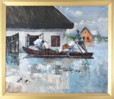 Magistrák Károly (-): Árvíz, 1985. Olaj, vászon, jelzett. Dekoratív fakeretben. 60×70 cm