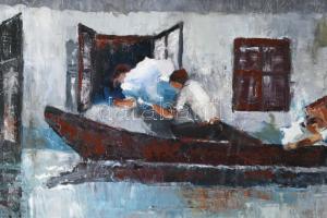 Magistrák Károly (-): Árvíz, 1985. Olaj, vászon, jelzett. Dekoratív fakeretben. 60×70 cm