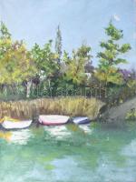 Magistrák Károly (-): Csendes part, 1980. Olaj, vászon, jelzett. Sérült. 80×60 cm