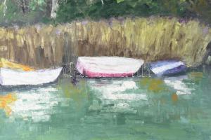 Magistrák Károly (-): Csendes part, 1980. Olaj, vászon, jelzett. Sérült. 80×60 cm