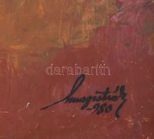 Magistrák Károly (-): Távolban a vitorlások, 1980. Olaj, vászon, jelzett. Fakeretben. 60×45 cm