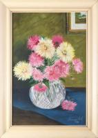 Magistrák Károly (-): Enteriőr képpel és virággal, 1975. Olaj, vászon, jelzett. Fakeretben. 61×41 cm