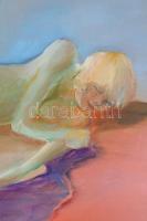 Jelzés nélkül (XX. sz. vége): Fekvő női akt. Olaj, farost. Apró lyukkal. Fakeretben. 55×68 cm