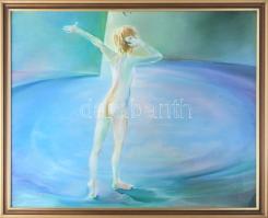 Jelzés nélkül (XX. sz. vége): Álló női akt. Olaj, farost. Kissé sérült. Fakeretben. 55×68 cm