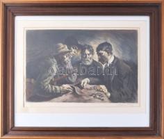 Révész Imre (1859-1945): Osztozkodók. Színezett rézkarc, papír, paszpartuban, jelzett, üvegezett fakeretben, lapszéli kisebb foltokkal, 31×49 cm