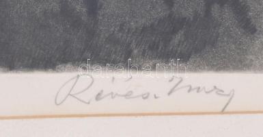 Révész Imre (1859-1945): Osztozkodók. Színezett rézkarc, papír, paszpartuban, jelzett, üvegezett fak...