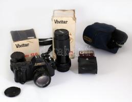 Canon T50 fényképezőgép, Canon Lens 50mm objektívvel, sérült elemtartóval, hozzá vaku, Vivitar 28mm f2.0 és vivitar 70-210mm objektívek.