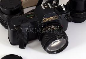 Canon T50 fényképezőgép, Canon Lens 50mm objektívvel, sérült elemtartóval, hozzá vaku, Vivitar 28mm ...