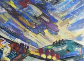 Hetényi Tibor (1891-1977): Színes táj. Vegyes technika, papír, jelzés nélkül, hajtásnyommal, paszpartuban, 43,5x59,5 cm