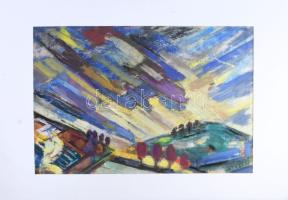 Hetényi Tibor (1891-1977): Színes táj. Vegyes technika, papír, jelzés nélkül, hajtásnyommal, paszpar...