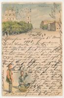 1903 Astrakhan, street view, cathedral, market vendor, Russian folklore. Art Nouveau, litho (b)