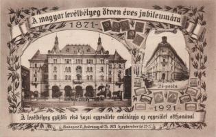 Budapest VI. A levélbélyeg gyűjtők egyesületének épülete; A magyar levélbélyeg ötven éves jubileumára So.Stpl (3000 példány!)