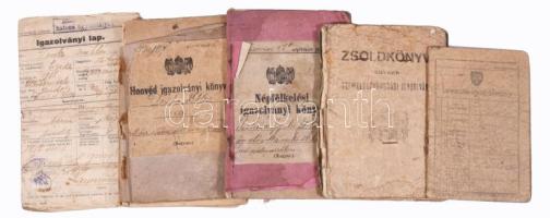 cca 1905-1944 Vegyes katonai okmányok: Levente-igazolvány, zsoldkönyv, népfölkelési igazolványi köny...