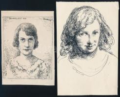 Halvax Gyula (1906-1984): 2 db női portré rajz. Tus, papír, egyik jelzett és datált (1926), 18x11,5 és 14x10 cm.