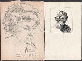 Halvax Gyula (1906-1984): 2 db női portré rajz. Tus, ceruza, papír, egyik jelzett és datált (1966), lapszéli apró szakadásokkal, 28x21 és 12x10 cm.