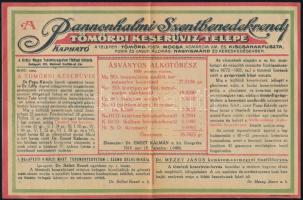 cca 1921 A Pannonhalmi Szentbenedekrend tömördi keserűvíz-telepe reklámlap, 15x22,5 cm